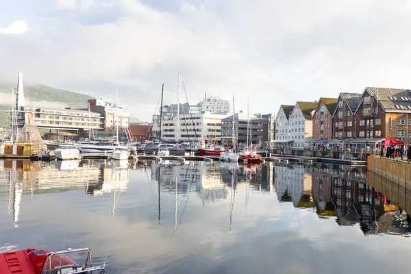 Tromso 'da güneşli bir günde Kuzey Norveç' in en büyük kuzey şehrini ziyaret eden sevimli anaokulu çocuğu.