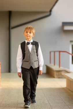 Sevimli birinci sınıf çocuğu, okula gidiyor. Birinci sınıf öğrencisi için okuldaki ilk gün, okula başlayan çocuk, öğretmene çiçek getiren, ilgilenen sırt çantası