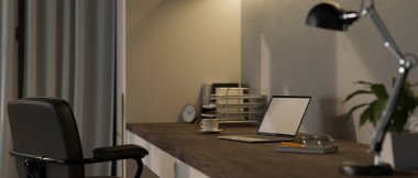 Taşınabilir laptop, kitap, bardak, kahve fincanı, masa lambası, ahşap masa üstü, ofis sandalyesi ve ev dekoruyla modern minimal çalışma alanı. yan görünüm, 3d görüntüleme, 3d illüstrasyon