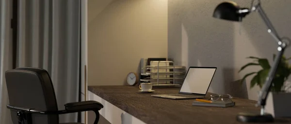 Modern Minimal Arbetsplats Med Bärbar Laptop Bok Glas Kaffekopp Bordslampa — Stockfoto