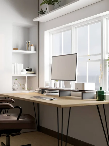 现代简约家居室内设计 电脑模拟木桌 靠窗配饰 白色墙壁 椅子和家居装饰 3D渲染 3D说明 — 图库照片
