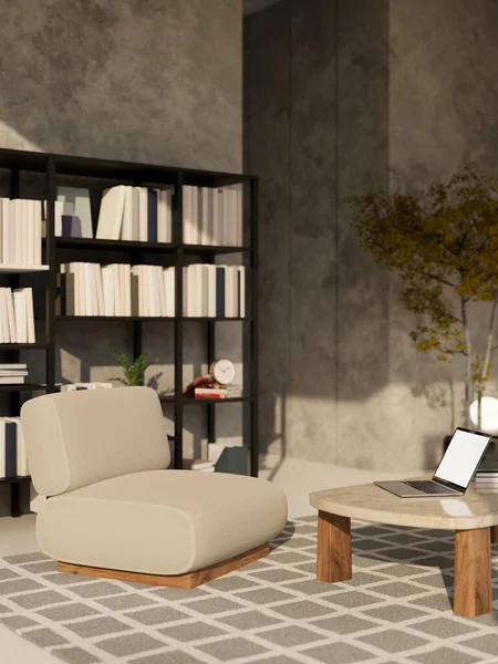 现代阁楼客厅室内设计舒适的椅子 笔记本电脑在现代咖啡桌上 时髦的地毯 室内工厂和水泥阁楼墙壁 3D渲染 3D说明 — 图库照片
