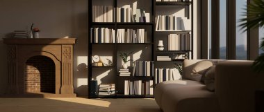 Modern İskandinav oturma odası iç tasarımı klasik ahşap şömine, kitap rafları, rahat kanepe ve ev dekorasyonu. 3d görüntüleme, 3d illüstrasyon