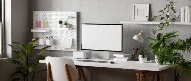 Gri duvar, tahta, sandalye ve yeşil iç mekan bitkilerine karşı beyaz masadaki bilgisayar modellemeleri ve aksesuarlarıyla modern asgari ofis iç mimari tasarımı. 3d görüntüleme, 3d illüstrasyon