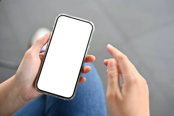 Modern Smartphone Touchscreen Blank Screen Mockup Female Hand Blurred Background — Stock Photo, Image