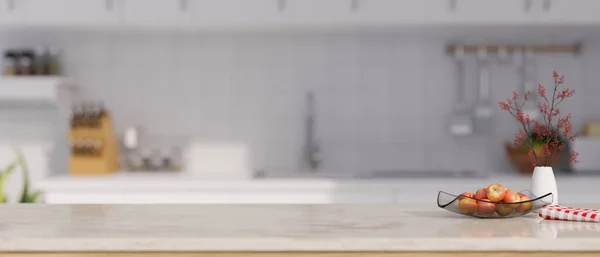 背景のぼやけた現代的な台所の上にあなたのプロダクトディスプレイをモンタージュのためのリンゴトレイ セラミック花瓶 ナプキンとコピースペースと大理石の白いキッチンテーブルトップ 3Dレンダリング 3Dイラスト — ストック写真