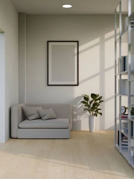 グレーのソファ 屋内植物 最小限の寄木細工の床と白い壁に空のフレームモックアップと現代の最小限の家やアパートのリビングルームのインテリアデザイン 3Dレンダリング 3Dイラスト — ストック写真