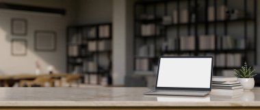 Laptop beyaz ekranlı beyaz mermer masa üstü çalışma alanı ve arka planda bulanık oturma odasındaki ürün gösterimi için alanı kopyala. 3d görüntüleme, 3d illüstrasyon