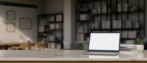 Espaço Trabalho Mesa Mármore Branco Com Mockup Tela Branca Laptop — Fotografia de Stock