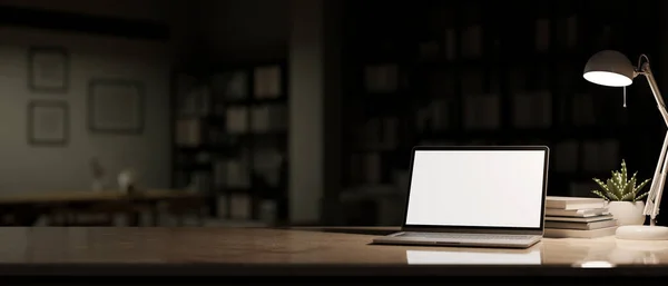 Modern Workspace Tabletop Laptop White Screen Mockup Light Table Lamp — Stock Photo, Image