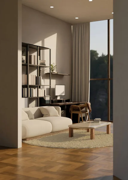 现代公寓客厅与工作空间室内设计舒适的沙发 咖啡桌 电脑桌和家居装饰 3D渲染 3D说明 — 图库照片