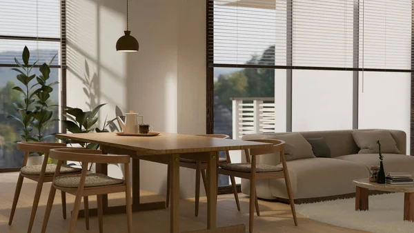 现代舒适的客厅 配有餐桌室内设计 舒适的米黄色沙发 木制餐桌 咖啡桌 窗户和家居装饰 3D渲染 3D说明 — 图库照片