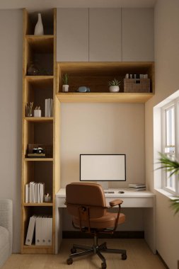 Beyaz masa üzerinde bilgisayar modeli, ahşap döşeme rafları, ofis koltuğu ve dekoru olan beyaz ve ahşap şekilli modern çağdaş ev yapımı iç mekan tasarımı. 3d görüntüleme, 3d illüstrasyon