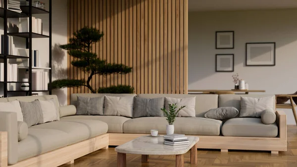 Moderno Contemporâneo Casa Sala Estar Design Interiores Com Sofá Confortável — Fotografia de Stock