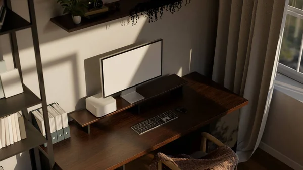 现代阁楼和现代家居工作室内部配备了电脑 深色木桌 现代阁楼货架和装饰 顶部视图3D渲染 3D说明 — 图库照片