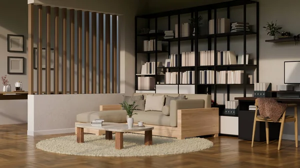 现代家居客厅内部有舒适的沙发 咖啡桌 工作空间和电脑 餐厅和客厅之间的木制隔板 3D渲染 3D说明 — 图库照片