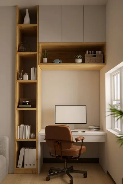 白と白のテーブル 木製の組み込みの棚 オフィスチェアや装飾上のPcコンピュータのモックアップと木製のスタイルで近代的な最小限の現代的な家庭の作業スペースのインテリアデザイン 3Dレンダリング 3Dイラスト — ストック写真
