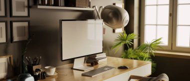 Modern çatı katı ve modern çalışma odası iç mimarisi PC bilgisayar beyaz ekran modeli ile koyu ahşap masa, beyaz duvar, modern tavan arası rafları ve dekor. Üst görünüm 3d görüntüleme, 3d illüstrasyon