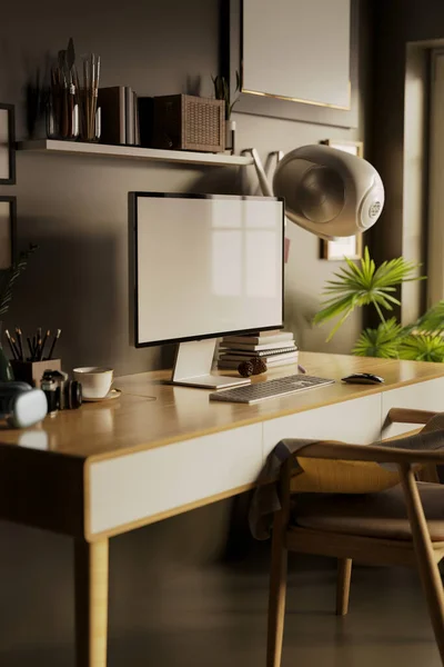 Modern workspace with blank screen PC desktop computer on wooden table and stationary. 3d render, 3d illustration