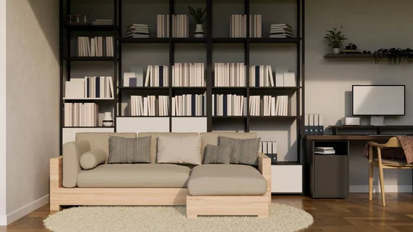 Moderna Casa Contemporânea Sala Estar Interior Com Sofá Confortável Estantes — Fotografia de Stock