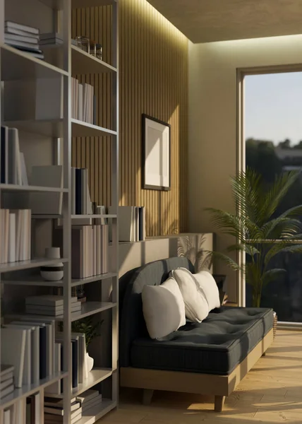Modern Contemporary Living Room Sofa Book Shelf Decoration Render Illustration — Stock Photo, Image