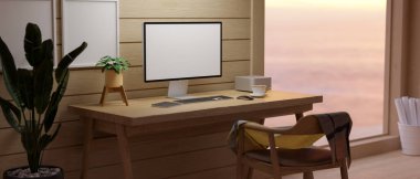 Tahta masa ve sabit üzerinde boş ekranlı PC masaüstü bilgisayarıyla rahat ahşap çalışma alanı. 3d görüntüleme, 3d illüstrasyon