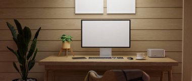 Ahşap tahta duvara dayalı, boş ekranlı, ahşap masaüstü bilgisayarı olan rahat ahşap çalışma alanı. 3d görüntüleme, 3d illüstrasyon