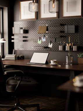 Çağdaş kentsel çatı katı iç tasarımı tablet beyaz ekran maketi ile siyah tahta duvara karşı tahta ve maket çerçeveli. 3d görüntüleme, 3d illüstrasyon