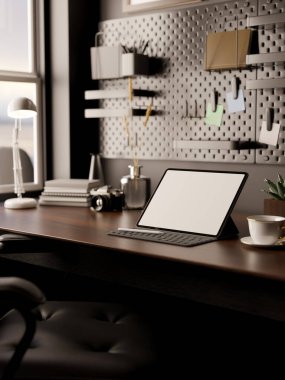 Modern tablet beyaz ekran dekor ve siyah duvarlı modern kentsel tavan arası iç tasarımı. 3d görüntüleme, 3d illüstrasyon