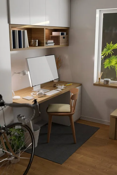 Comfortable workspace with blank screen PC desktop computer on wooden table and stationary, table near the window. 3d render, 3d illustration