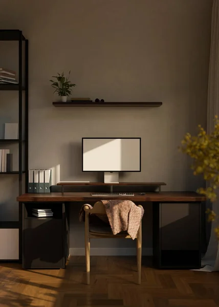 Modern home office with blank screen PC desktop computer on wooden table and stationary. 3d render, 3d illustration