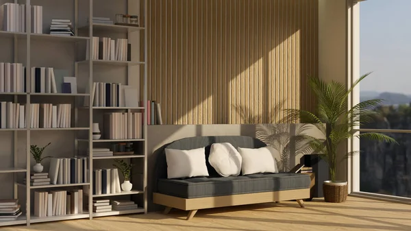 ソファ 観葉植物 木製の板壁と装飾付きの本棚と現代的なリビングルームのインテリアデザイン 3Dレンダリング 3Dイラスト — ストック写真