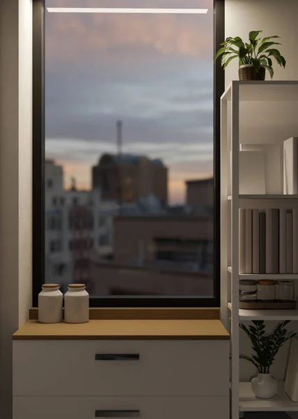 市内の景色と窓に対する最小限の木材と白のキャビネット上の製品の表示のための白い棚 家の装飾やコピースペースと近代的な都市のアパートのインテリアデザイン 3Dレンダリング 3Dイラスト — ストック写真