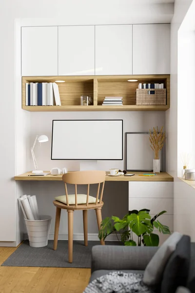 斯堪的纳维亚半岛最小的工作空间内部 在木桌 室内植物 白色内置式架子和白墙橱柜上有个人电脑台式计算机 3D渲染 3D说明 — 图库照片