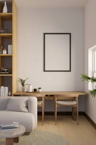 框架模型展示您的艺术作品是在白色的墙壁上 在最小的斯堪的纳维亚家庭客厅 木材和白色风格 3D渲染 3D说明 — 图库照片