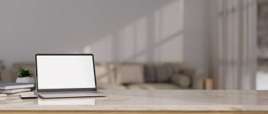 Bilgisayarlı, dizüstü bilgisayarlı, beyaz ekran, kitap, dekor bitkisi ve arka planda bulanık, rahat ev oturma odasının üzerine kopyalama alanı olan modern bir çalışma alanı. 3d görüntüleme, 3d illüstrasyon