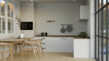Modern İskandinav mutfağı mutfak alanı yemek masası iç tasarımı, minimum beyaz ve ahşap mutfak tezgahı, soba, mikrodalga fırın, ahşap yemek masası seti ve dekor. 3d görüntüleme, 3d illüstrasyon