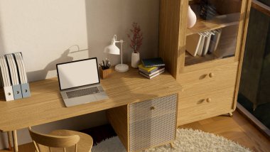 Minimum İskandinav ev tasarımı, dizüstü bilgisayar beyaz ekran modelleme ve ahşap masa, ahşap raf, ahşap sandalye ve minimal ev dekorasyonu malzemeleri. 3d görüntüleme, 3d illüstrasyon