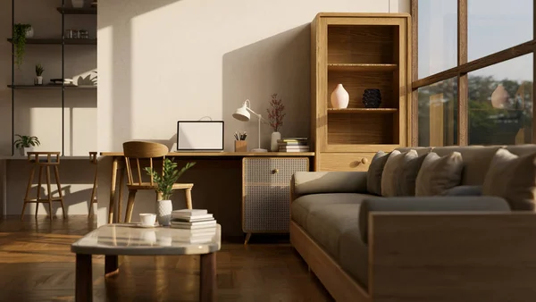 快適なソファ コーヒーテーブル 最小限の作業スペースでノートパソコンのモックアップと居心地の良い北欧のリビングルームのインテリアデザイン 最小限の木製家具や家の装飾 3Dレンダリング 3Dイラスト — ストック写真