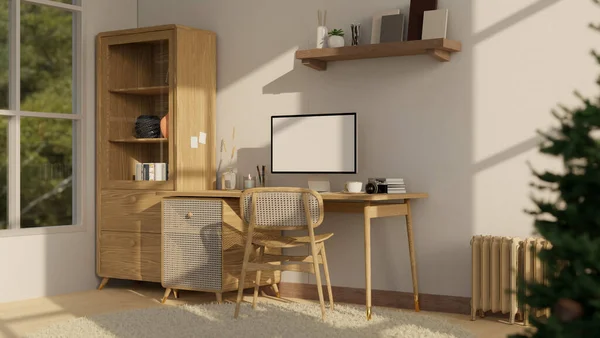 斯堪的纳维亚和舒适的家庭室内工作室 电脑白色屏幕模型和装饰在木桌 舒适的地毯 白色墙壁和家庭装饰 3D渲染 3D说明 — 图库照片