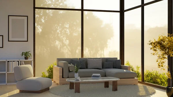 自然景観 居心地の良いソファ コーヒーテーブル 観葉植物や家の装飾と素晴らしい大きな窓と豪華な現代的なリビングルームのインテリアデザイン 3Dレンダリング 3Dイラスト — ストック写真