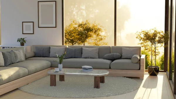 Moderno Diseño Interior Contemporáneo Sala Estar Con Sofá Cómodo Mesa —  Fotos de Stock