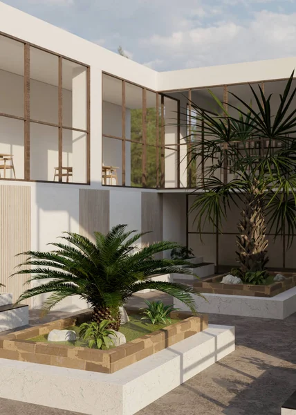 Modern loft contemporary building's garden exterior design with palm tree, cement bench and floor, tropical plants and loft cement building wall. 3d render, 3d illustration
