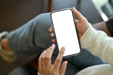 Kahve dükkanında rahatlarken akıllı telefonunu kullanan bir dişi. akıllı telefon beyaz ekran modeli.
