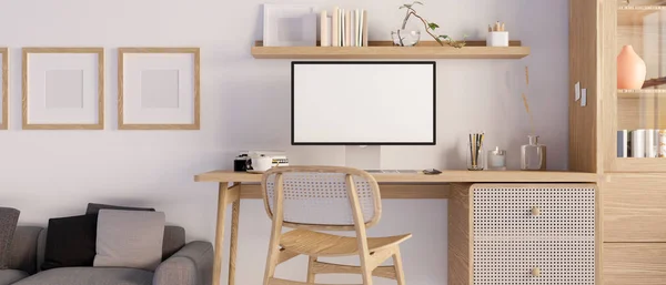 最小的斯堪的纳维亚家庭内部工作空间 个人电脑台式计算机在最小的木桌 舒适的沙发 框架模型和墙上的白墙架子上的模型 3D渲染 3D说明 — 图库照片