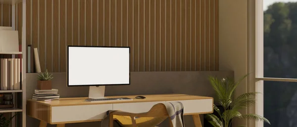 Minimal Cozy Contemporary Home Workspace Interior Design Computer White Screen — Stock Photo, Image