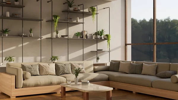 快適なソファ コーヒーテーブル 装飾植物や家の装飾とスタイリッシュなロフト棚と現代的な広々としたリビングルームのインテリアデザイン 3Dレンダリング 3Dイラスト — ストック写真