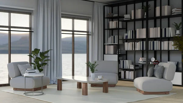 ソファ コーヒーテーブル サイドテーブル 家の植物 装飾や自然景観と窓付きのモダンで快適なリビングルームのインテリアデザイン 3Dレンダリング 3Dイラスト — ストック写真
