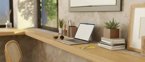 Seitenansicht Minimaler Und Komfortabler Home Arbeitsplatz Mit Notebook Laptop Bildschirm — Stockfoto