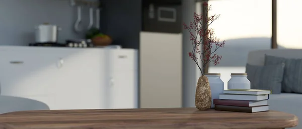 クローズアップ画像 ぼやけたモダンなキッチンの調理スペースの上に装飾が施された木製のコーヒーテーブルの上にあなたの製品ディスプレイをモンタージュのためのスペースをコピーします 3Dレンダリング 3Dイラスト — ストック写真